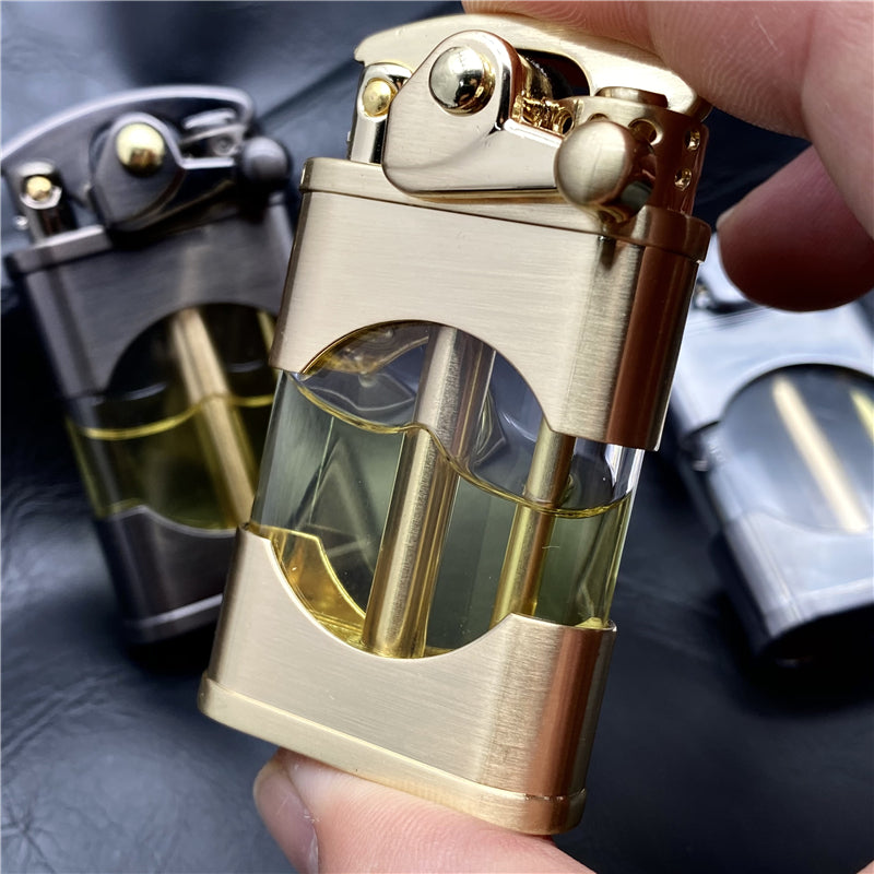 Retro Flint Metal Lighter - Retro Lighter - Unique Rocker Ignition - Transparent Oil Tank - Vintage-Style Wheel Grinder - Refillable Lighter