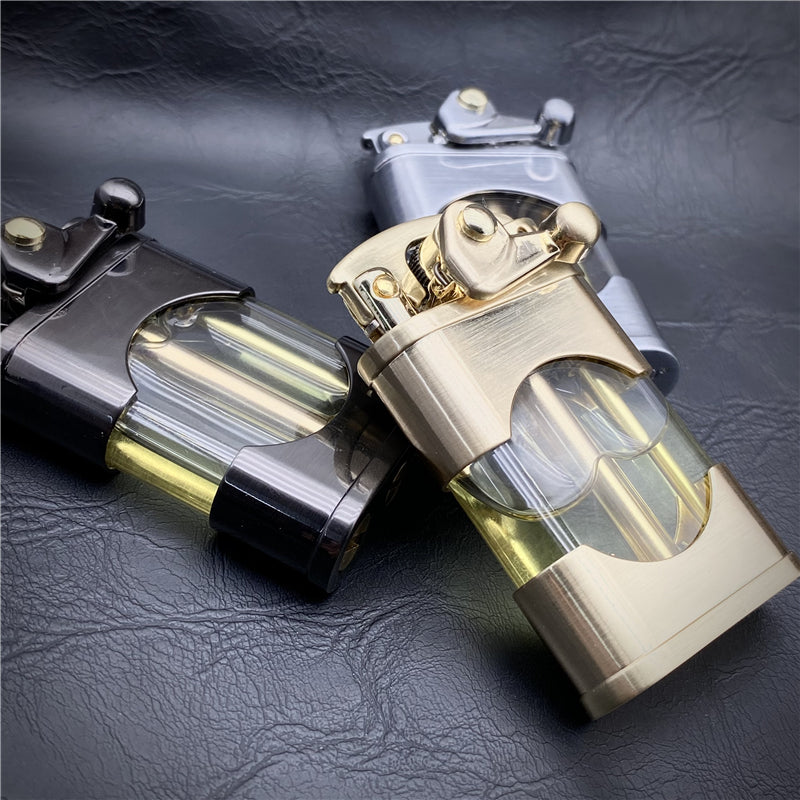 Retro Flint Metal Lighter - Retro Lighter - Unique Rocker Ignition - Transparent Oil Tank - Vintage-Style Wheel Grinder - Refillable Lighter