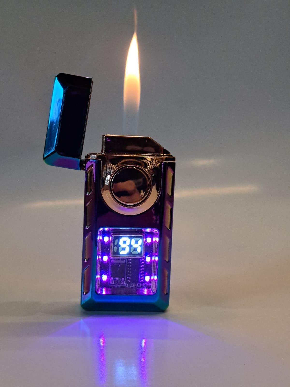 Voice Activated Torch Lighter with Digital Display – Rainbow & Gunmetal Colors–Windproof Refillable Butane Lighter–LED Indicator Gas Lighter