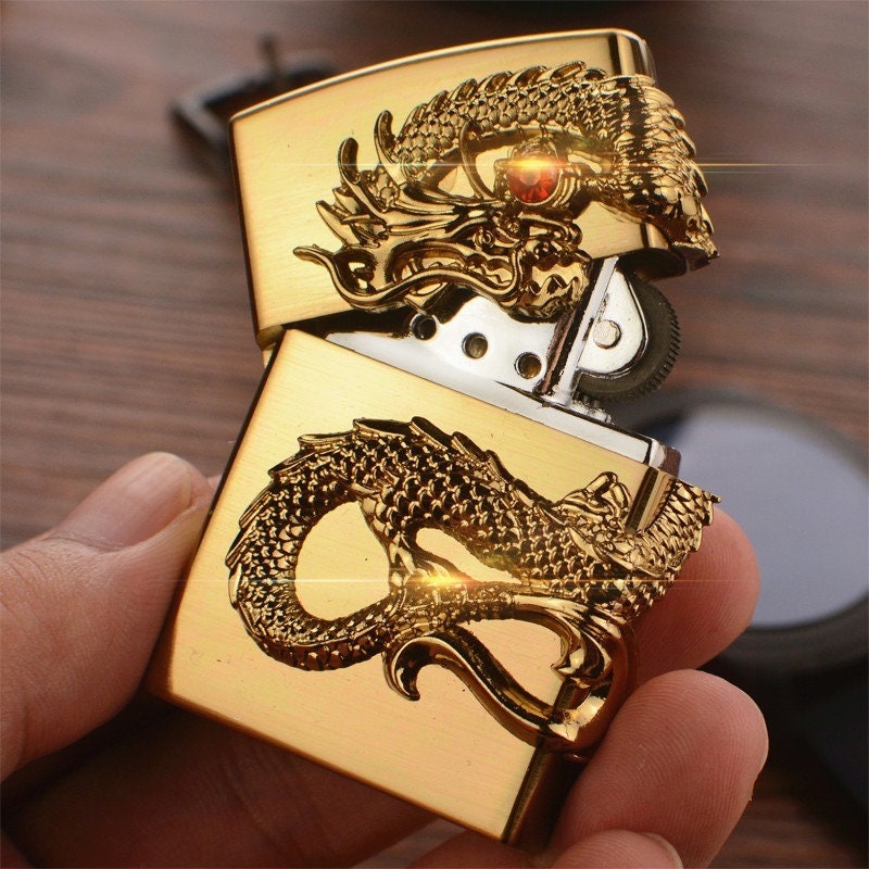 Gold Carved Dragon Antique Lighter,Cold Lighters, Windproof,Gift,(Without Fuel)