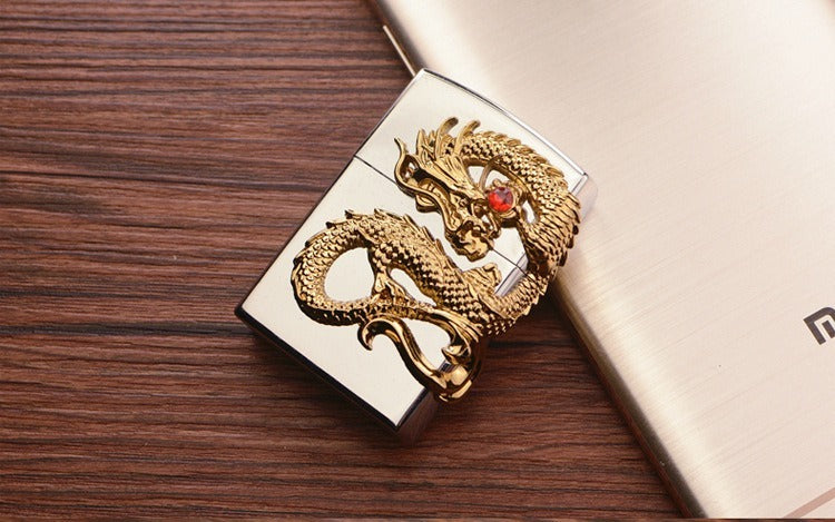 Gold Carved Dragon Antique Lighter,Cold Lighters, Windproof,Gift,(Without Fuel)