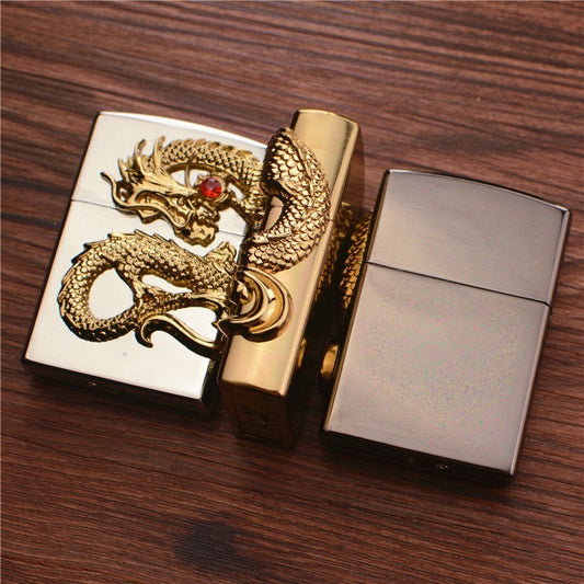 Gold Carved Dragon Antique Lighter,Cold Lighters, Windproof,Gift,(Without Fuel)
