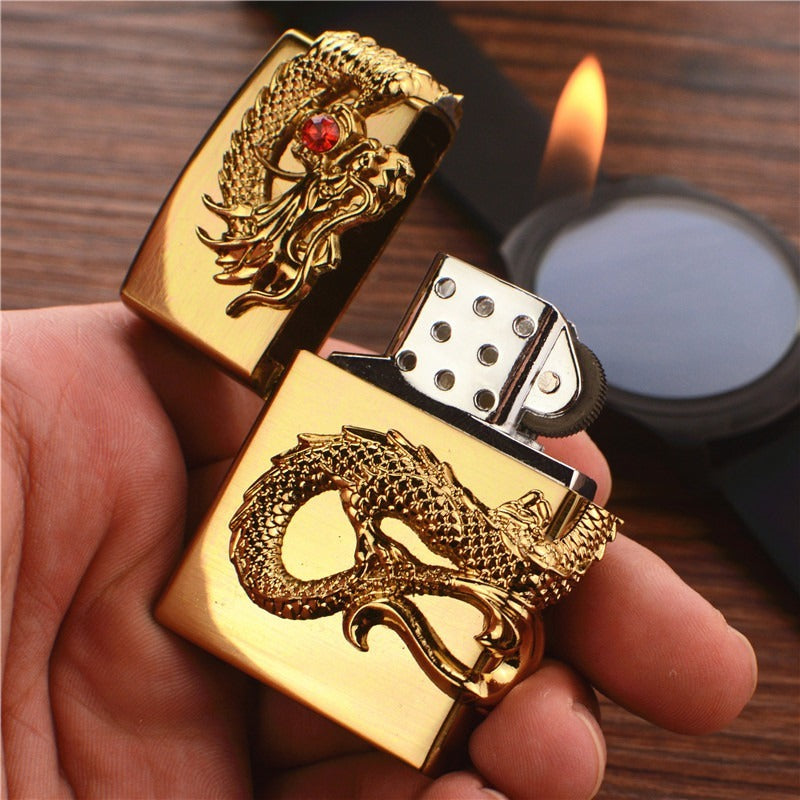 Gold Carved Dragon Antique Lighter,Cold Lighters, Windproof,Gift,(Without Fuel)