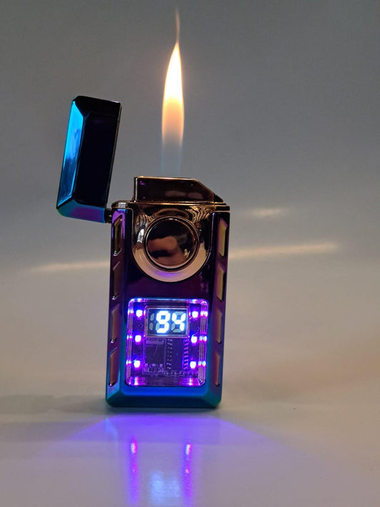 Voice Activated Torch Lighter with Digital Display – Rainbow & Gunmetal Colors–Windproof Refillable Butane Lighter–LED Indicator Gas Lighter